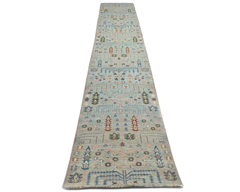 16 Feet Blue Khurgeen Afghan Hand Knotted Wool Runner Rug
